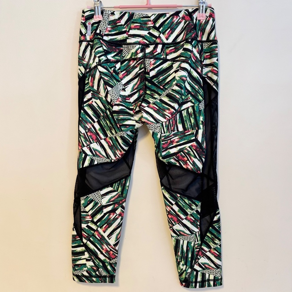 Zella Mid Rise Active Workout Leggings Green Tropical Print Cutout Mesh Womens S - Picture 3 of 4